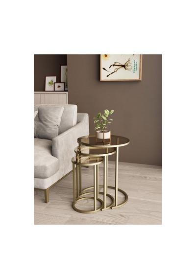 Milas C Zigon Sehpa Gold Eskitme Rengi Bronz Cam Pirinç Eskitme