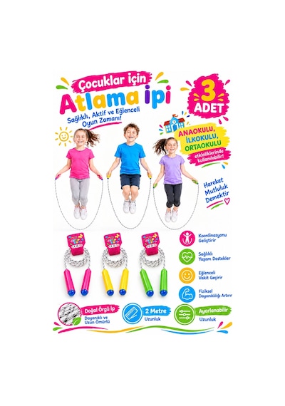 Spor Byfit Çocuklar İçin Özel 2 Metre Doğal Örgü Atlama İpi - 3 Adet