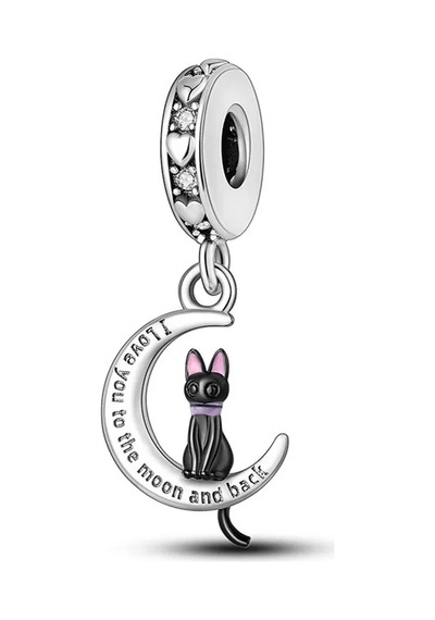 Ay Ve Siyah Kedi Sallantılı Charm Gümüş