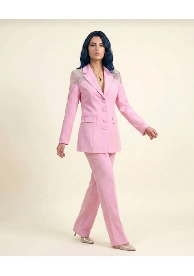 Orvelia Omuz Kristal Saçak Detaylı Pembe Blazer Ceket Ve Pantolon Takım