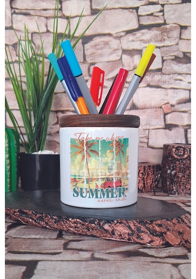 Take Me Where Summer Never Ends Baskılı Seramik Kalemlik Masaüstü Düzenleyici Beyaz