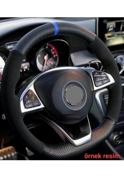 Opel Vectra C Kasa Uyumlu Alkantara-Karbon Dikmeli Direksiyon Kılıfı Mavi Yüzüklü