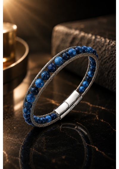 Erkek Çelik Lapis Lazuli Doğal Taş Bileklik Çift Sıra Örgü Tasarım Şık Modern Bileklik Lacivert