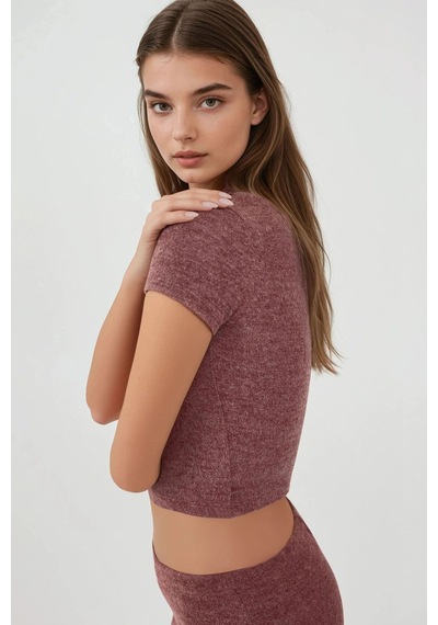 Hiccup Slim Fit Triko Crop Bluz Bordo Kırmızı