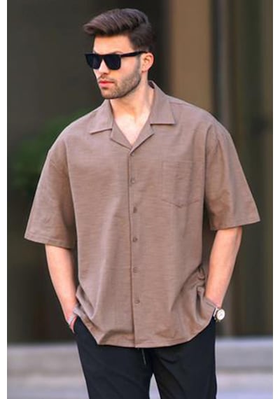Madmext Kahverengi Kısa Kollu Oversize Erkek Gömlek 6737 Kahverengi