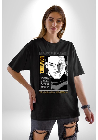Enji Todoroki Manga Pamuklu Bisiklet Yaka Unisex Oversize Boyfriend Dijital Baskılı Siyah T-shirt Siyah
