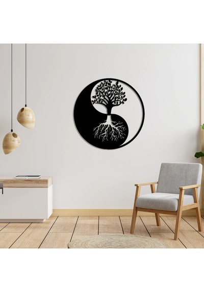 Yin Yang Hayat Ağacı Metal Tablo Siyah