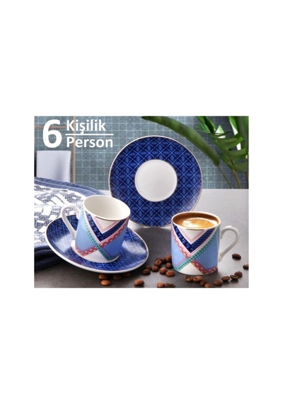 6 Kişilik Porselen Altın Yaldızlı Mavi Renk Desenli Kahve Fincanı Takımı