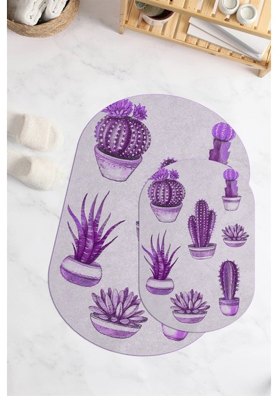 Buççin Online Mağaza Baskılı Kaymaz Taban Yıkanabilir Kaktüs Desen Oval Banyo Paspası 2'li Klozet Takımı Polyester Çok Re Çok Renkli