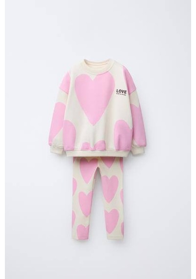 Kız Çocuk Slogan Yazı Detaylı Sweatshirt + Tayt Alt Üst Takım Kalp