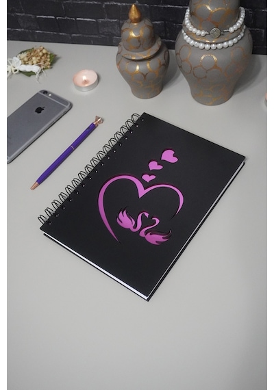 Kuğu Aşk Tasarım Siyah Ahşap Kapaklı Defter Ajanda - Günlük - Çizgisiz Defter - Sevgiliye Hediyelik