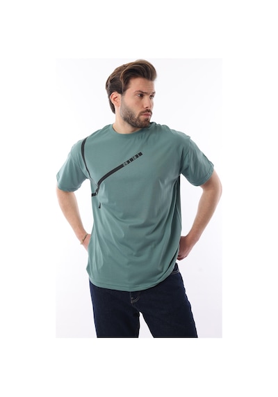 Madmext Yeşil Bisiklet Yaka Şerit Detaylı Pamuklu Erkek T-shirt E7033 Yeşil