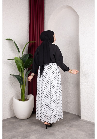 Hira Life Fashion Kadın Astarlı Puantiye Desenli Tül Etek Beyaz-siyah Beyaz-siyah