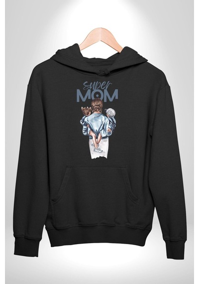 Süper Anne Anneler Günü Doğum Hediyesi Kadın Erkek Siyah Kapüşonlu Sweatshirt Hoodie Siyah
