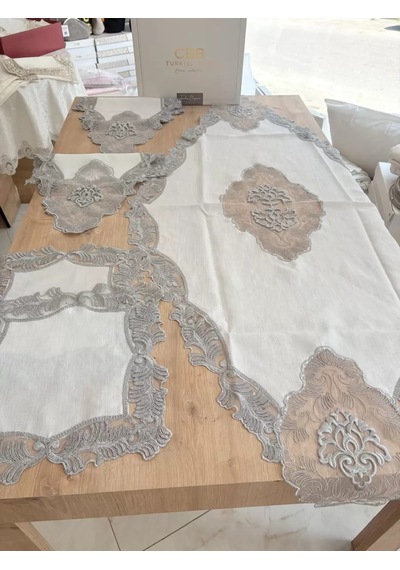 Salon Takımı Çeyizlik Gri Runner Set 5 Parça Keten Masa Örtüsü Runneri Evalina Diğer