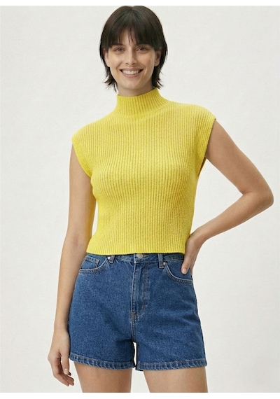 Neden Tekstil Kadın Yarım Balıkçı Yaka Fitilli Triko Kolsuz Crop Bluz - Sarı