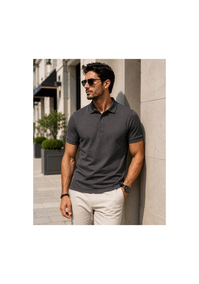 Luxic Core Erkek Polo Yaka Füme Tişört Likralı Pike Kumaş Terletmez Slim Fit Günlük Şık Tasarım