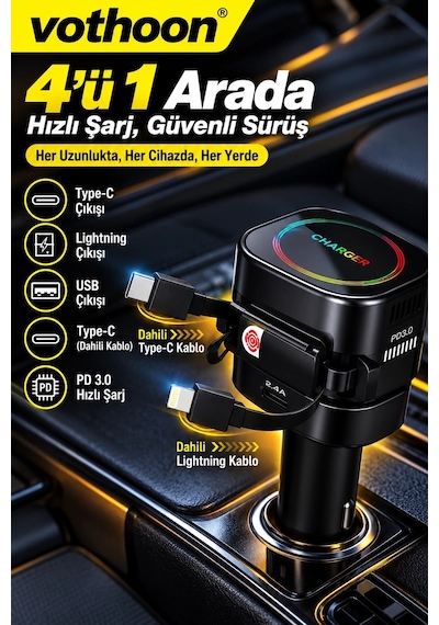 Zenvia 4 Ü 1 Arada 66w Araç Şarj Cihazı Çift Kablolu Araç İçi Çakmaklık Hızlı Şarj Cam Kırma Çakmak Öz