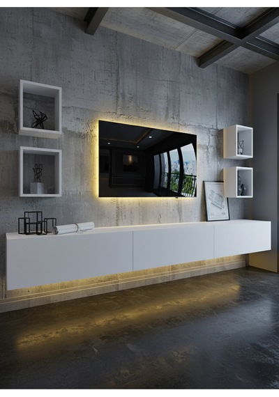 Resital Duvara Monte Ledli 270 Cm Tv Ünitesi Duvar Raflı - Ll6023 Beyaz