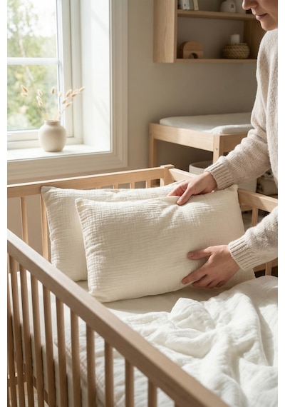 Çift Katlı Müslin Çocuk Yastık Kılıfı %100 Pamuk 35x45 cm 2’li Bebek Çocuk Kılıf Seti Ekru