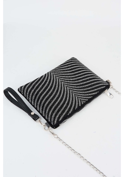 Vivaq Kadın Zebra Gümüş Taşlı Süet Bilek Askılı Ve Zincir Askılı Portföy El Ve Clutch Çanta SİYAH