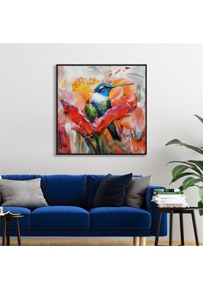 Yağlı Boya Dokulu Tablo Modern Renkli Sinek Kuşu Siyah Çerçeveli U04028-178942