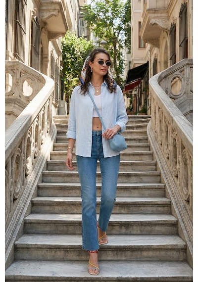 Lela Pamuklu Regular Fit Uzun Kollu Düz Bayan Gömlek Cf25S168305 Mavi