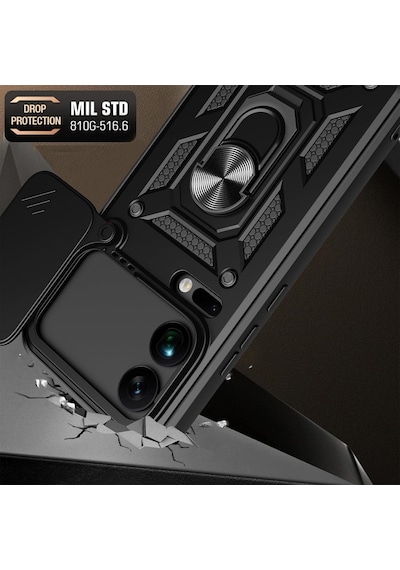 Xiaomi 17 Pro Max İle Uyumlu Kılıf Magnetik Standlı Kamera Korumalı Sürgülü Kapak Siyah