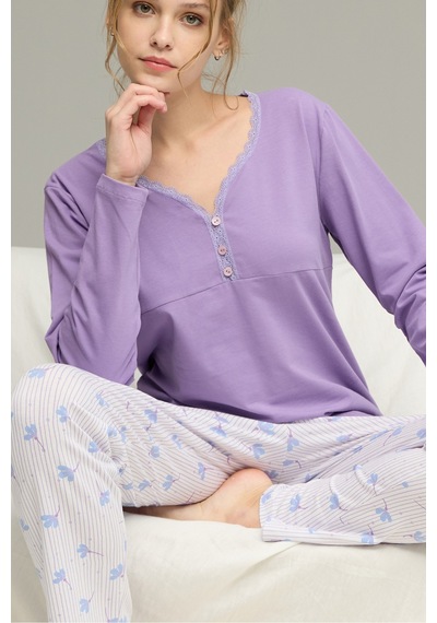 Siyah İnci Örme Pamuklu Pijama Takım25240248 Lila