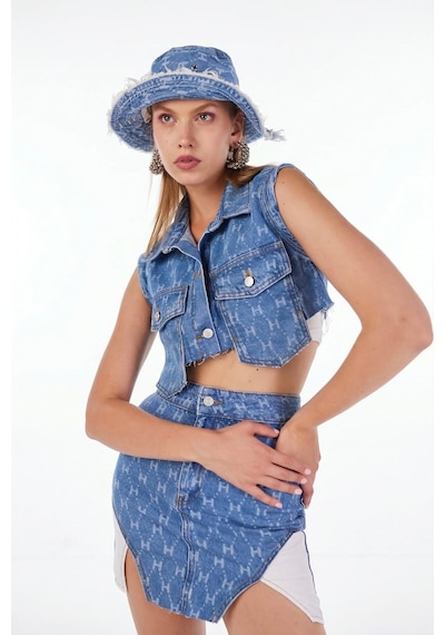Holly Lolly H Baskılı Asimetrik Kesim Mini Jean Etek Mavi