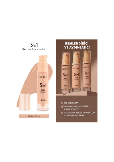 Note Cosmetics3 İn 1 Serum Concealer 20 Medium Beige Spf 50 Nemlendirici Ve Aydınlatıcı Göz Altı Kapatıcısı Genel