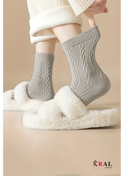 Kral Socks Kadın Yün Çorap 4 Çift Kışlık Termal Etkili Soft Yünlü Doku Gri