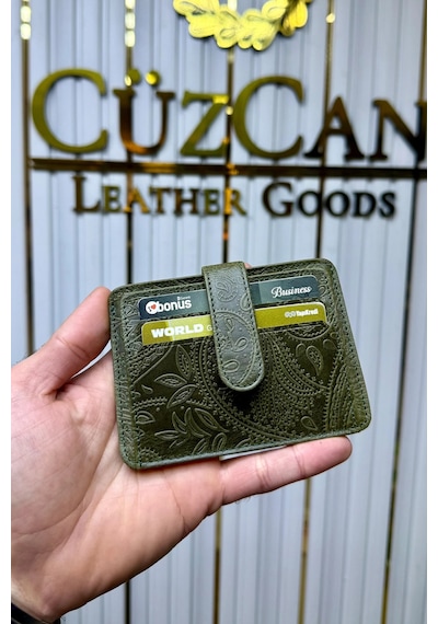 Cüzcan Jorvik Patlı Hakiki Deri Premium Kartlık Kişiye Özel İsim Baskılı Yeşil Motifli