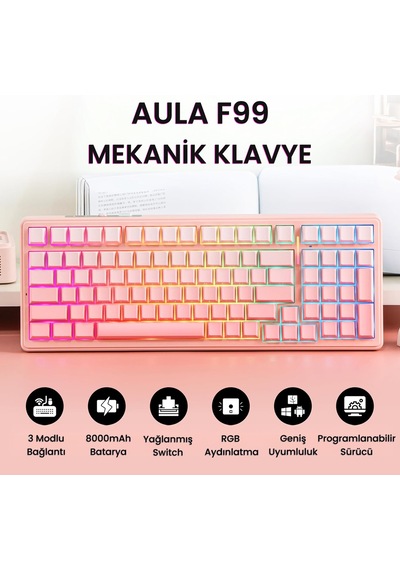 Aula F99 Mekanik Rgb Dream Sakura Switch 3 Modlu Kablosuz Makrolu Hot Swap Klavye Gradyan Pembe