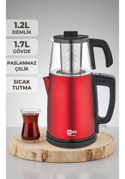 Teadem Glass Elektrikli Çay Makinesi Çaycı 2000w 1.7l Kettle 1.2l Cam Demlik Paslanmaz Çelik Kırmızı
