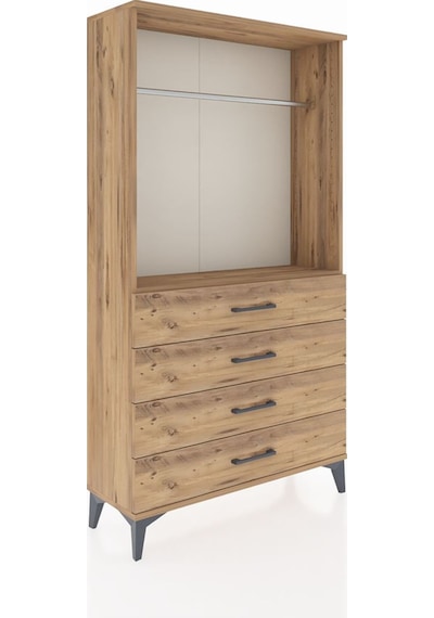 Arges Dolap Tek Raflı 4 Çekmeceli Tek Askılı 88x30x163 Çam-çam Çam