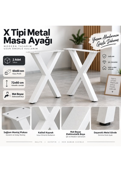 Evkolleksiyon X Tipi Metal Masa Ayağı 2 Li Takım 72x60 Cm 60x60 Profil Beyaz