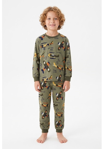Bunny Hopp Vintage Uçak Desenli %100 Pamuk Süprem Penye Kumaş Uzun Kollu Erkek Çocuk Pijama Takımı Yeşil