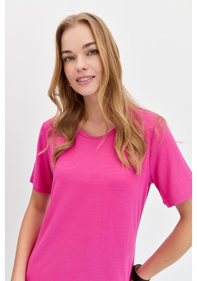 Kadın Sıfır Yaka Flamlı Kumaş Penye Tshirt Fuşya Fuşya