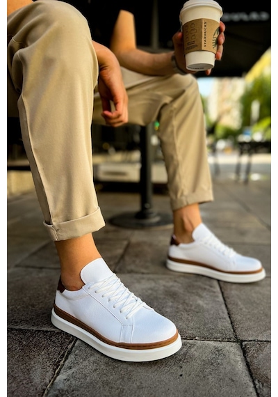 Aymood Mn979 - Santoni Gbt Spor Erkek Ayakkabı Beyaz/taba