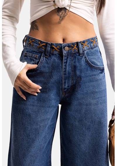 Kadın Mavi 2w6-5 Palazzo Fit Kemer Detaylı Özel Tasarım Denim Jean