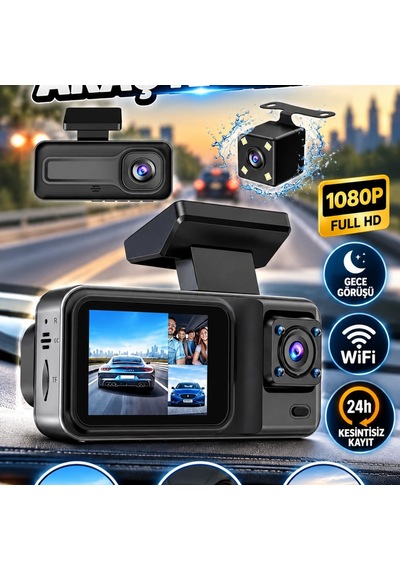 1080p 3 Lensli Wifi Araç İçi Kamera Sistemi Ekranlı Dvr Kaydedici Gece Görüşlü Ön İç Arka Kamera