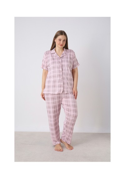 Estiva Kadın Kareli Pembe Kısa Kollu Önden Düğmeli Soft Battal Pijama Takımı Çok renkli