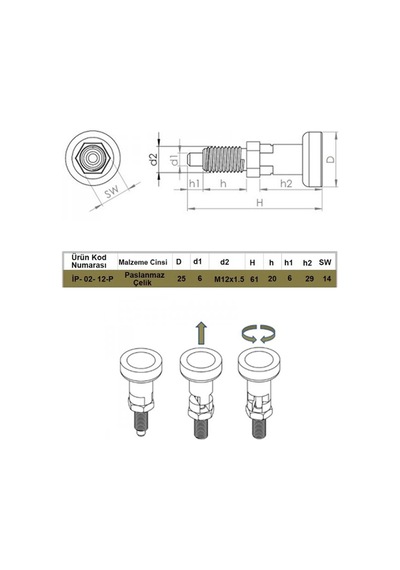 İndeksleme Piston Pimi - Durmalı M12 Paslanmaz