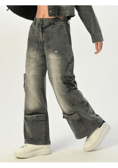 Zekids Kız Çocuk Paçası Cepli Gabardin Pantolon-15520 Füme