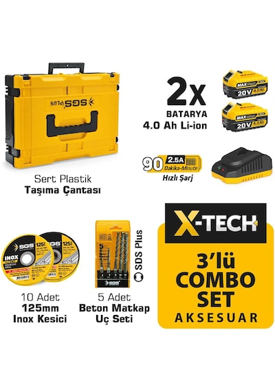 Sgs 5450 Kömürsüz Akülü Taşlama + Matkap + Kırıcı Delici 3'lü Kombo Set Çantalı