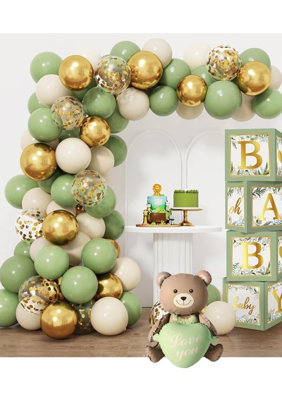 Küf Yeşili Temalı Baby Shower Set Adaçayı Baby Kutu, Ayıcık Folyo Ve Lateks Balon Set Yeşil