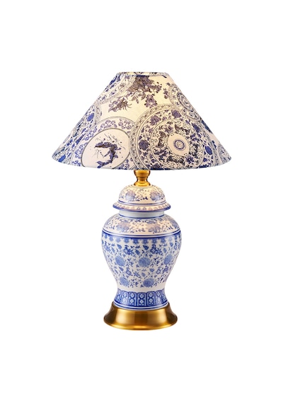 Sanwi Blue Blanc Desenli Seramik Oturma Odası Salon Abajur Lacivert