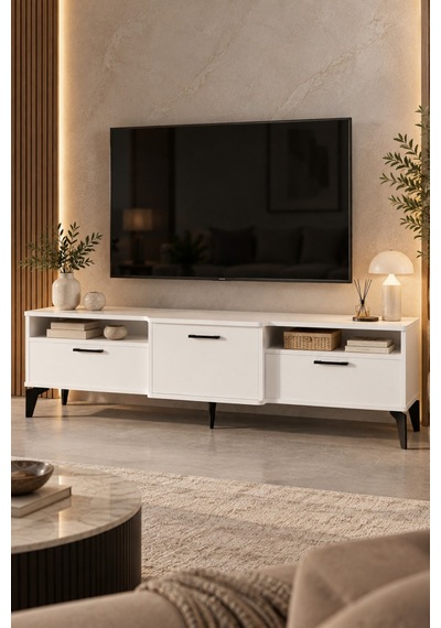 Sulorahome Metalik Beyaz Tv Sehpası 160x40 Cm