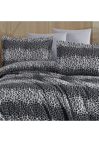 Çift Kişilik Leopar Desen Nevresim Takımı 200x220 4 Yastık Kılıfı Lastikli Çarşaflı 160x200+30 Gri